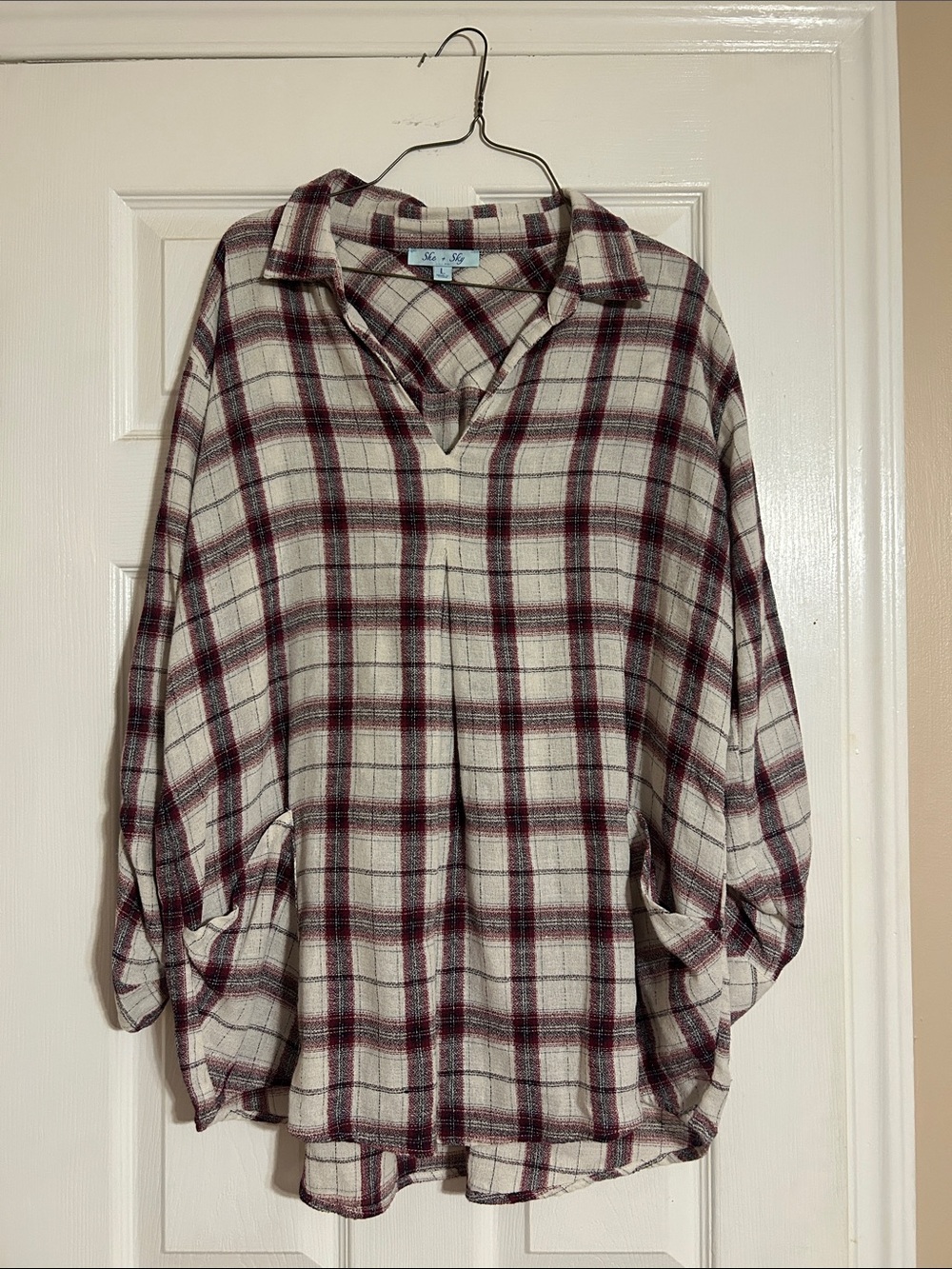She + Sky Ivory Plaid Button-Down Tunic with Burgundy Stripes